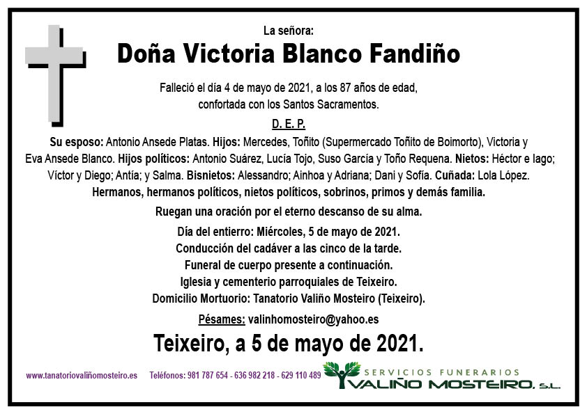 Esquela de Victoria Blanco Fandiño.